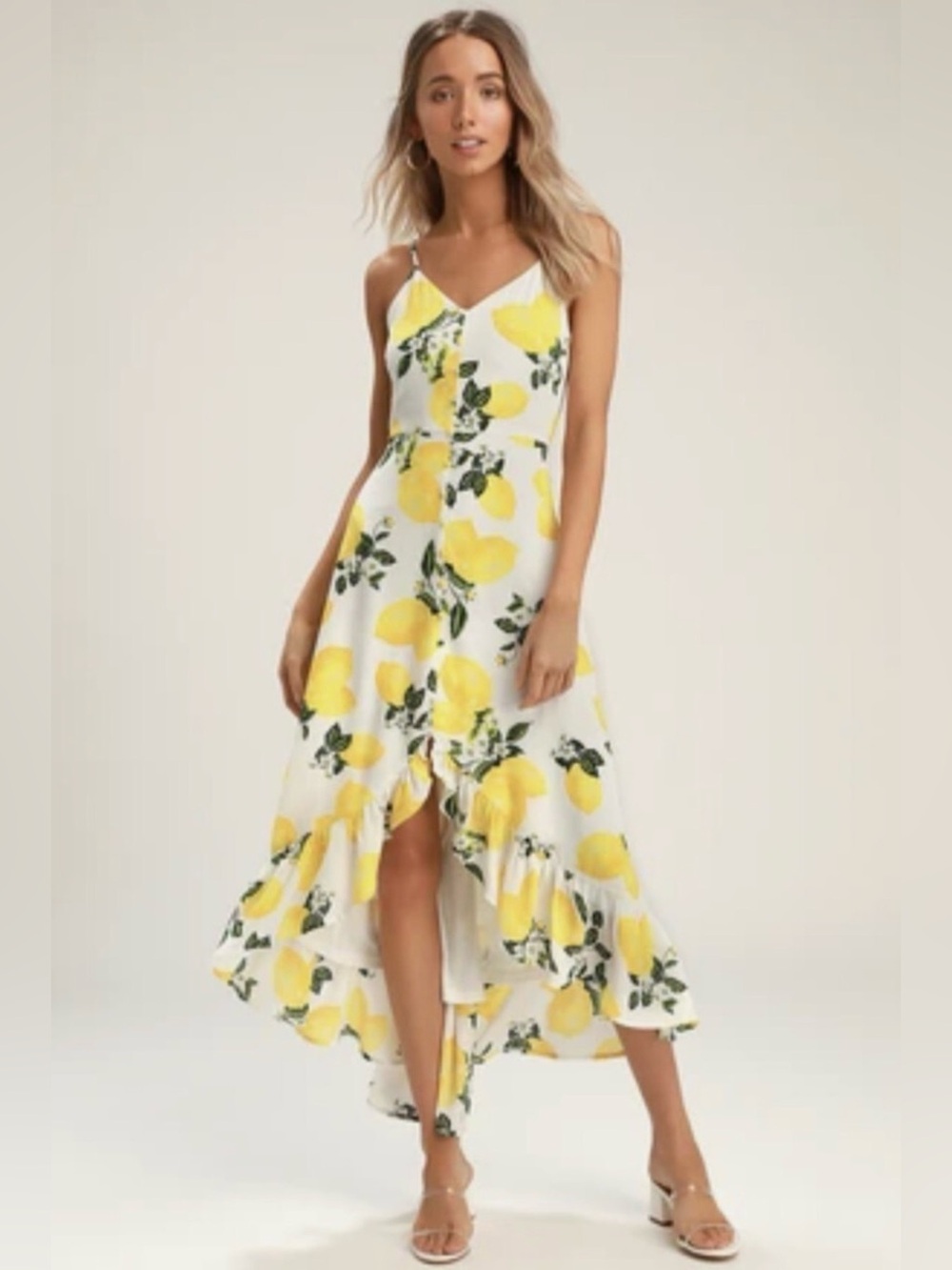 NWT, Lulus, Afternoon Air Yellow Lemon Print High-Low Ruffle Midi Dress Size XL